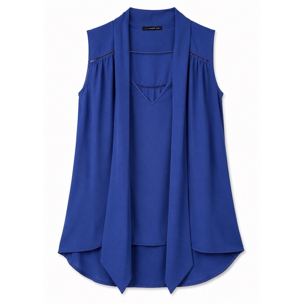 West Kei Blouse Women's Small Blue Sleeveless V Neck Draped Front Tunic Top NWOT